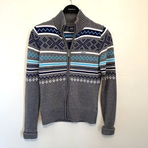 LE TIGRE Vtg Fair Isle Knit Turtleneck Full Zip Cottage Sweater, Gray/Blue- L